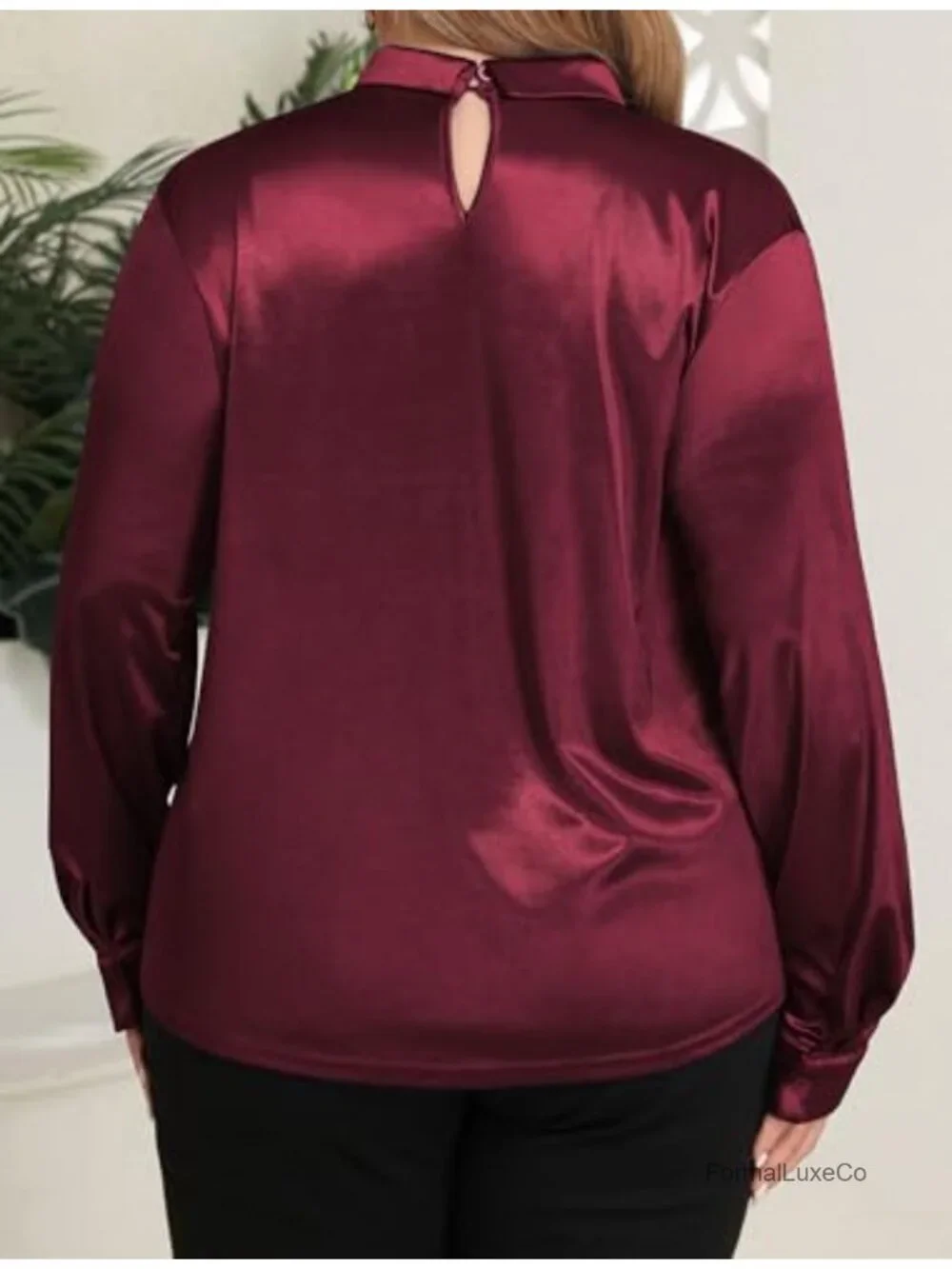 Plus Size Satin Mock Neck Twist Blouse Long Sleeve Work Shirt
